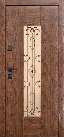 Двері вхідна Форт Нокс Крафт Термо Темне дерево + склопакет з піскос\ Біле дерево Без ковки 850ліва