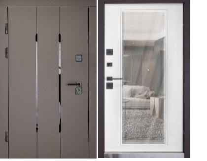 Двері вхідні Abwehr (Megapolis)Mira(549/зеркало) 860х2050ліва (СмоукиСофт/білий мат)