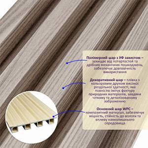 Рейка декоративная WPC стеновая серый орех 3000х160х23мм (D) SW-00001856