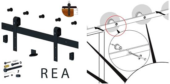 Комплект фурнітури Valcomp RE20  REA 100кг до 1 двері 850-1050 мм, направляюча 2х1м, чорний