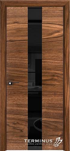 Двері Термінус Урбан шпон Американський горіх 23 (800*2000) чорне скло алюмінієвий торець чорний
